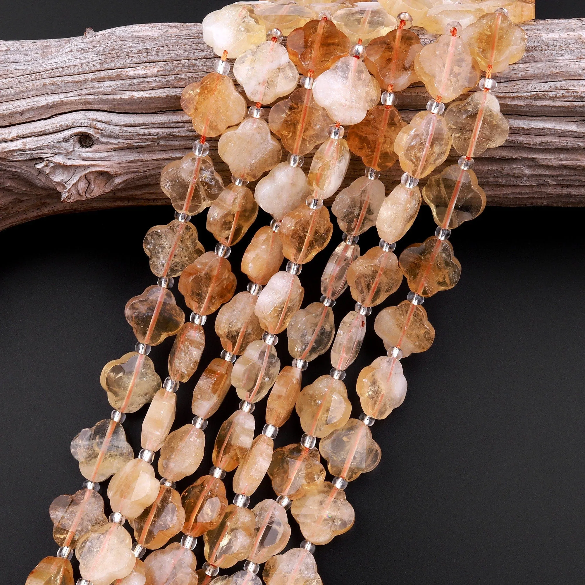 4 Four Leaf Clover Beads Natural Golden Citrine Hand Carved Flower Gemstone 15.5" Strand