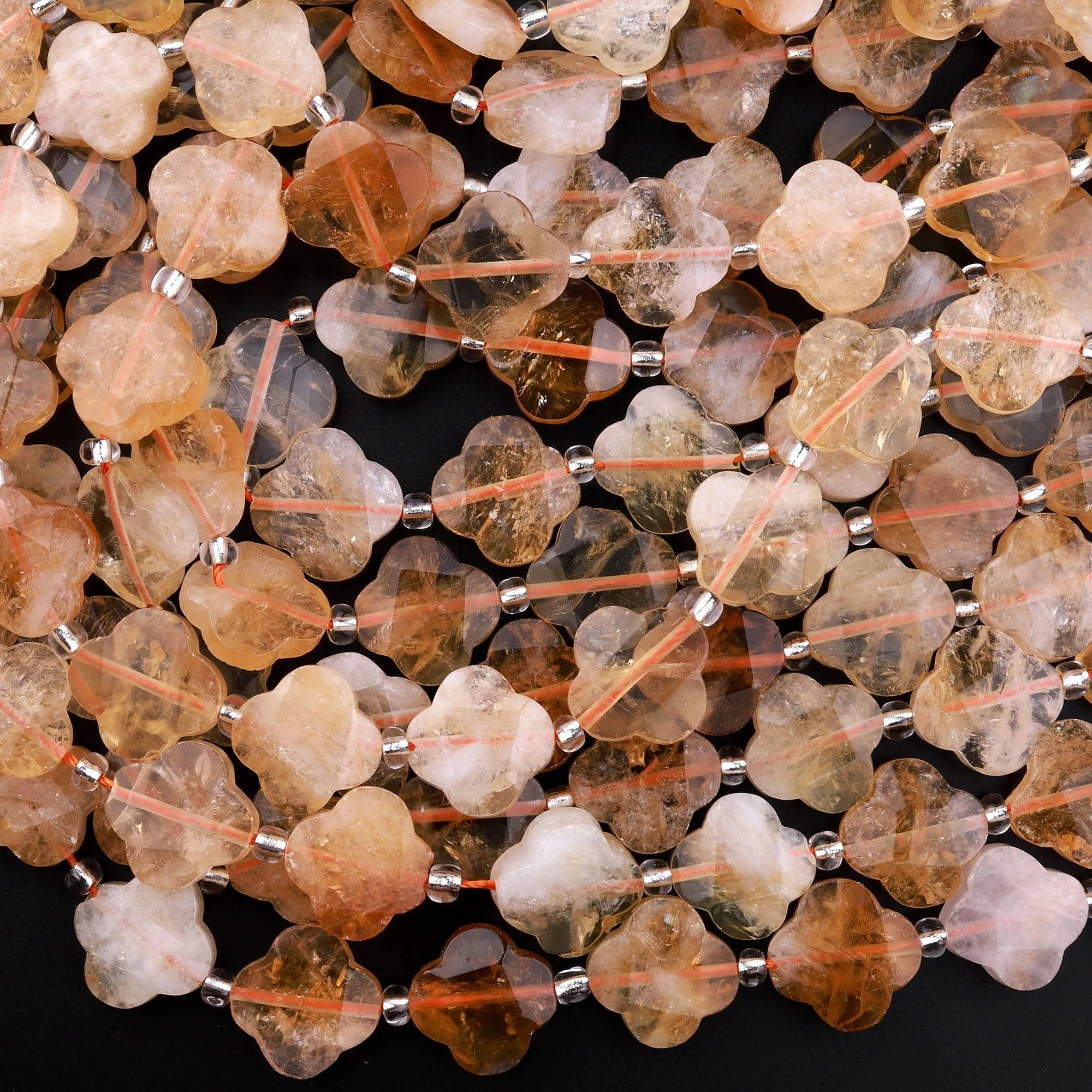4 Four Leaf Clover Beads Natural Golden Citrine Hand Carved Flower Gemstone 15.5" Strand
