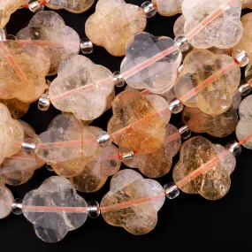 4 Four Leaf Clover Beads Natural Golden Citrine Hand Carved Flower Gemstone 15.5" Strand