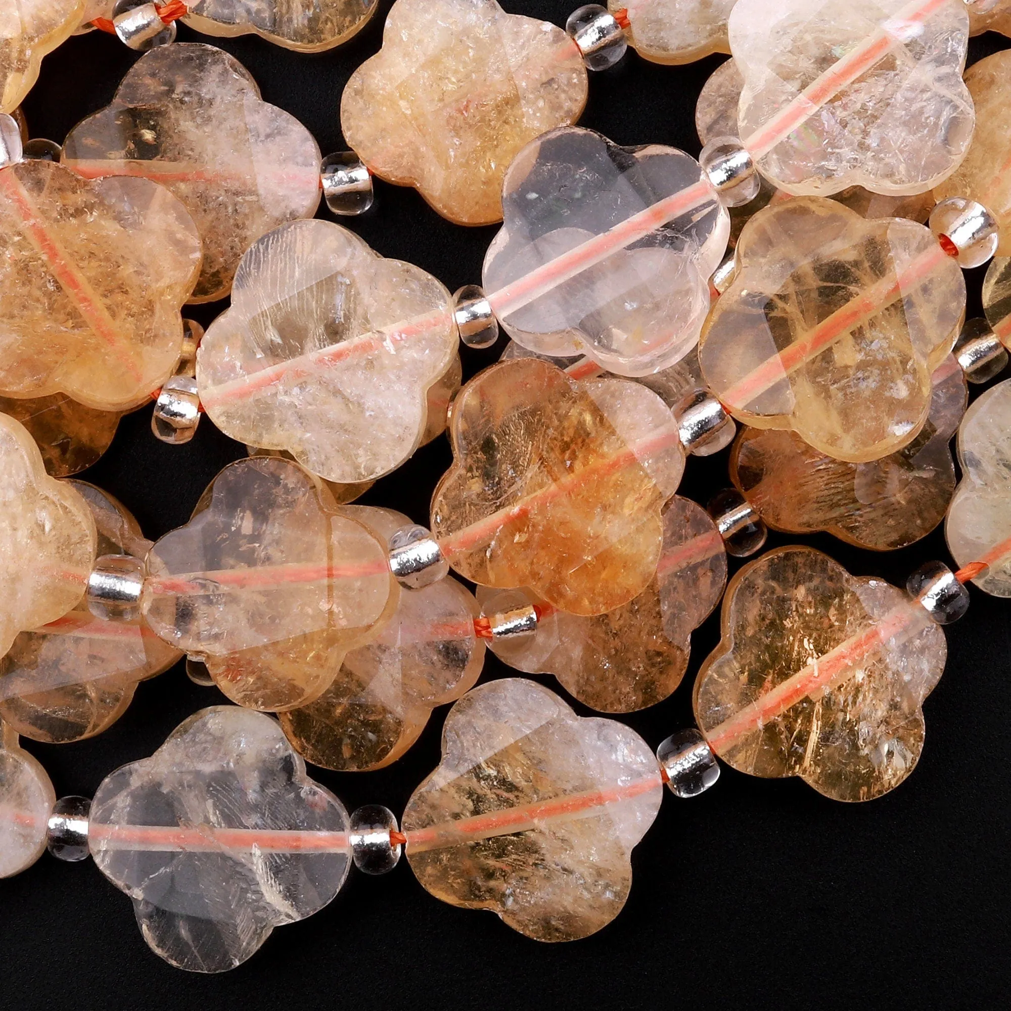 4 Four Leaf Clover Beads Natural Golden Citrine Hand Carved Flower Gemstone 15.5" Strand