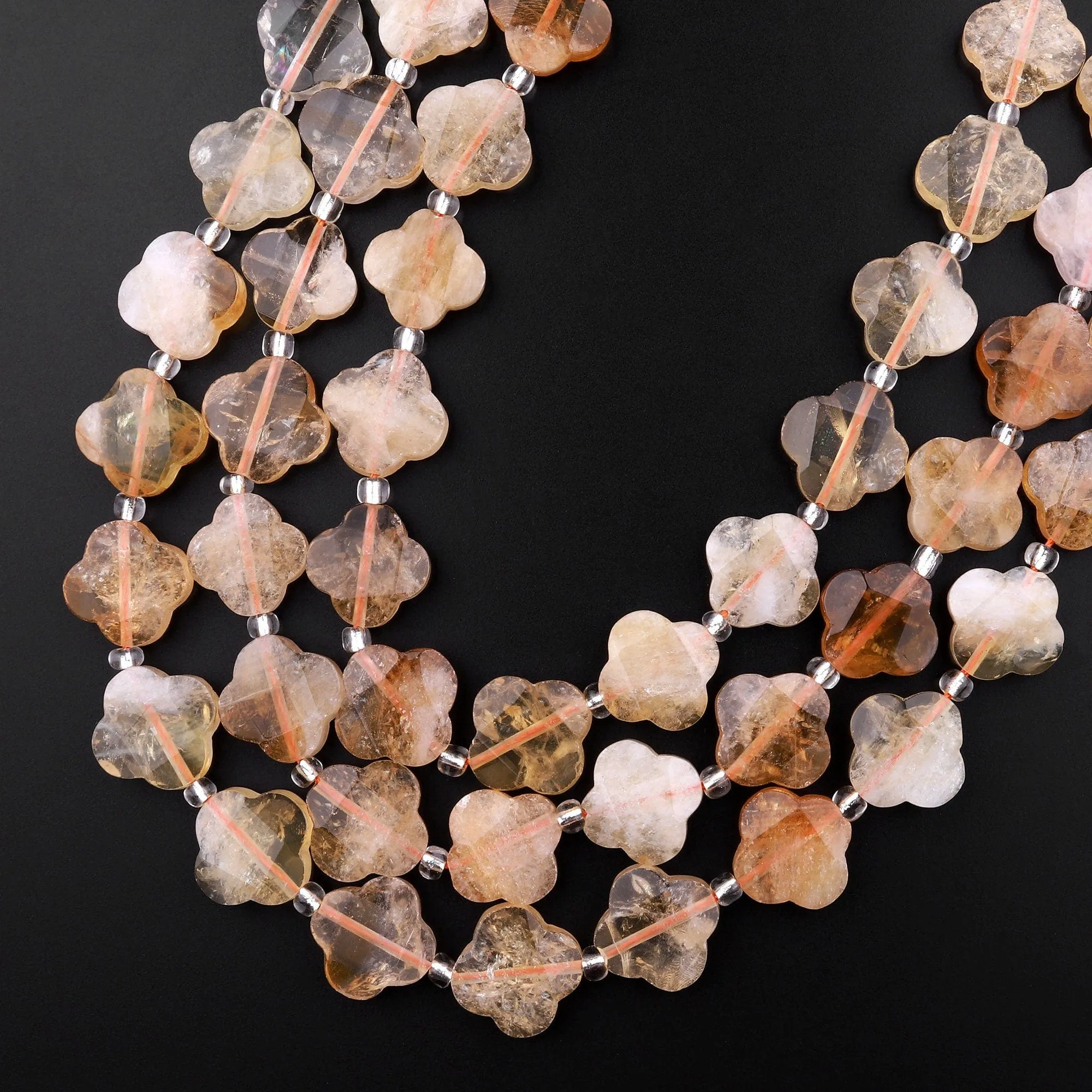 4 Four Leaf Clover Beads Natural Golden Citrine Hand Carved Flower Gemstone 15.5" Strand