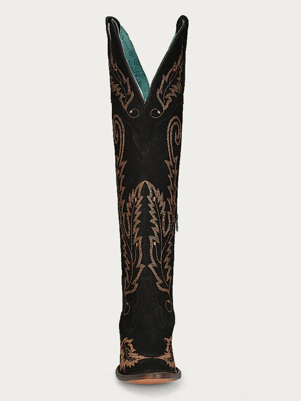 A4404 - WOMEN'S GOLD EMBROIDERY BLACK SUEDE TALL TOP J TOE COWBOY BOOT