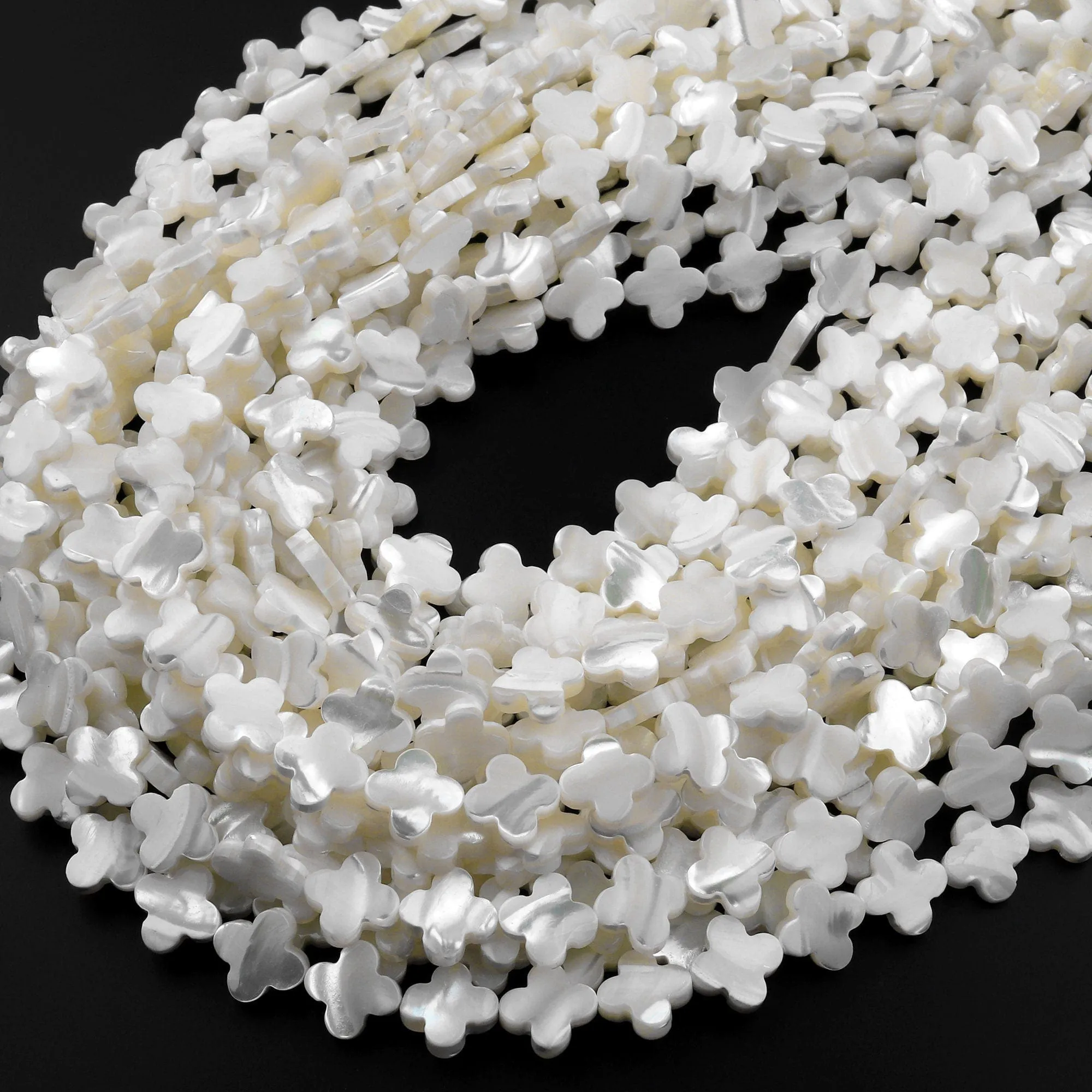 AAA Iridescent Carved Natural White Mother of Pearl Shell 4 Leaf Clover Beads 6mm 8mm 10mm 12mm 15.5" Strand