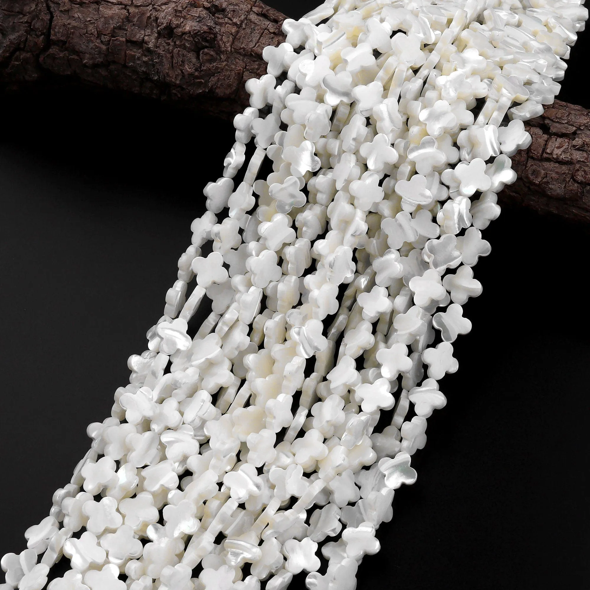 AAA Iridescent Carved Natural White Mother of Pearl Shell 4 Leaf Clover Beads 6mm 8mm 10mm 12mm 15.5" Strand