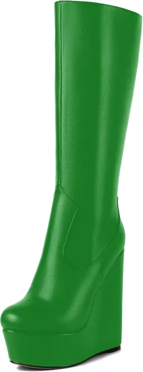 AMBELIGHT Womens Matte Knee High Zip Round Toe Solid Platform Fashion Wedge High Heel Mid Calf Boots 6 Inch