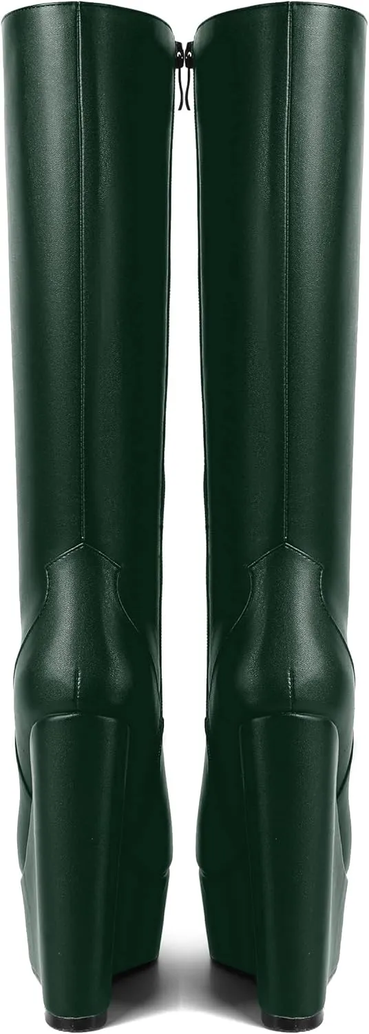 AMBELIGHT Womens Matte Knee High Zip Round Toe Solid Platform Fashion Wedge High Heel Mid Calf Boots 6 Inch