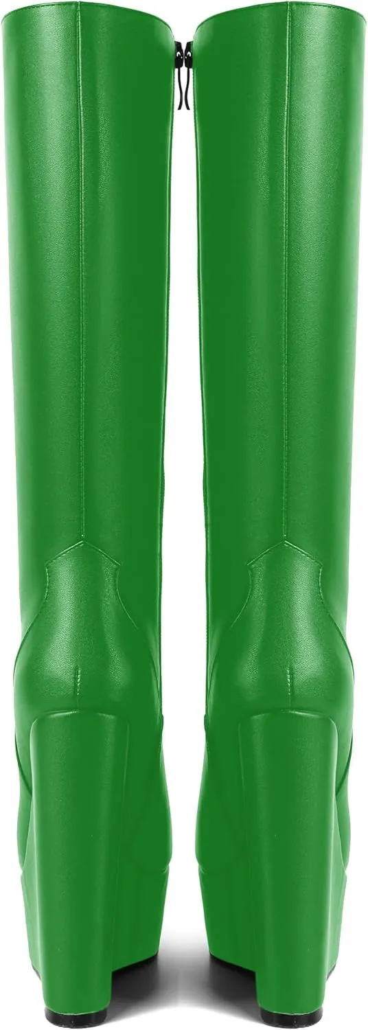 AMBELIGHT Womens Matte Knee High Zip Round Toe Solid Platform Fashion Wedge High Heel Mid Calf Boots 6 Inch