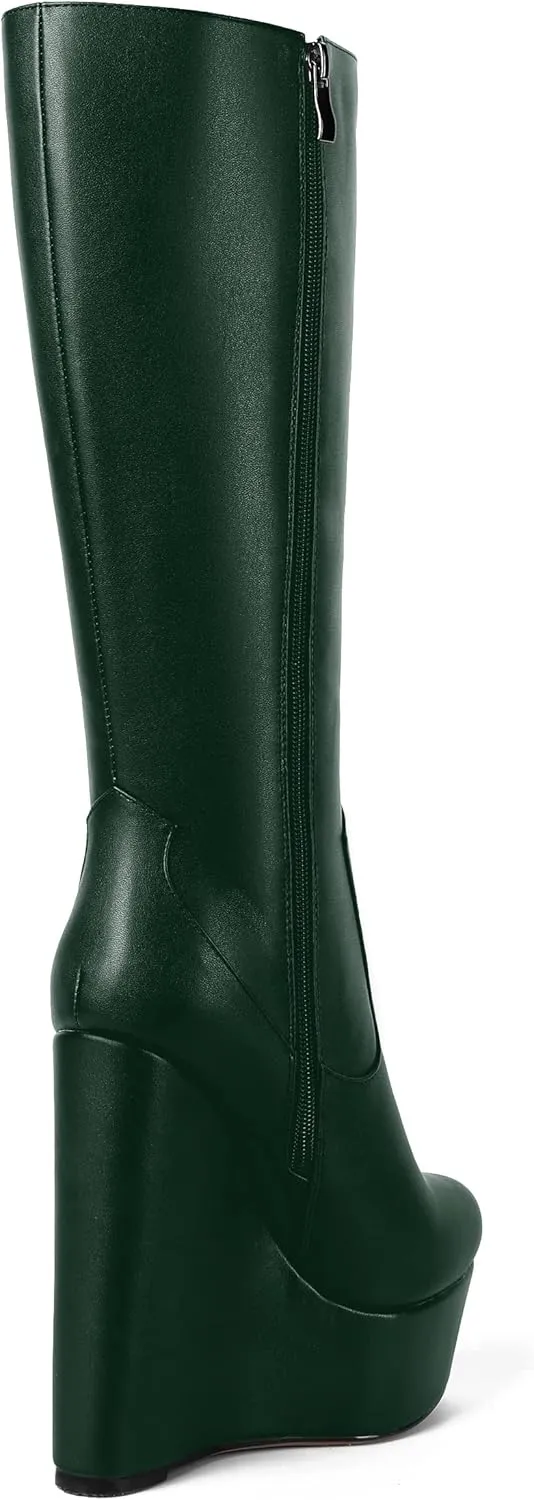 AMBELIGHT Womens Matte Knee High Zip Round Toe Solid Platform Fashion Wedge High Heel Mid Calf Boots 6 Inch