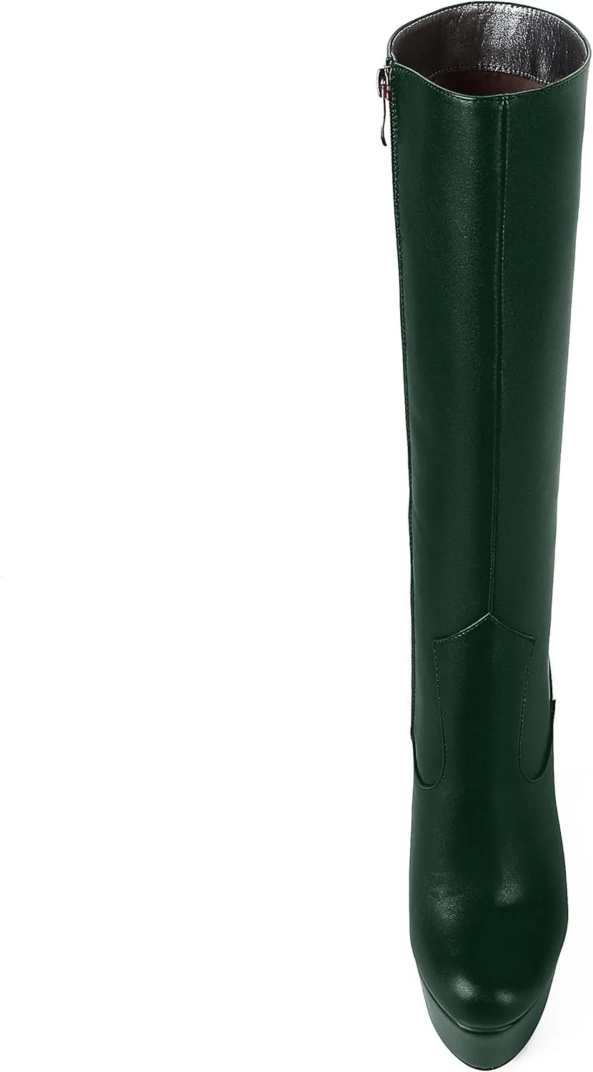 AMBELIGHT Womens Matte Knee High Zip Round Toe Solid Platform Fashion Wedge High Heel Mid Calf Boots 6 Inch