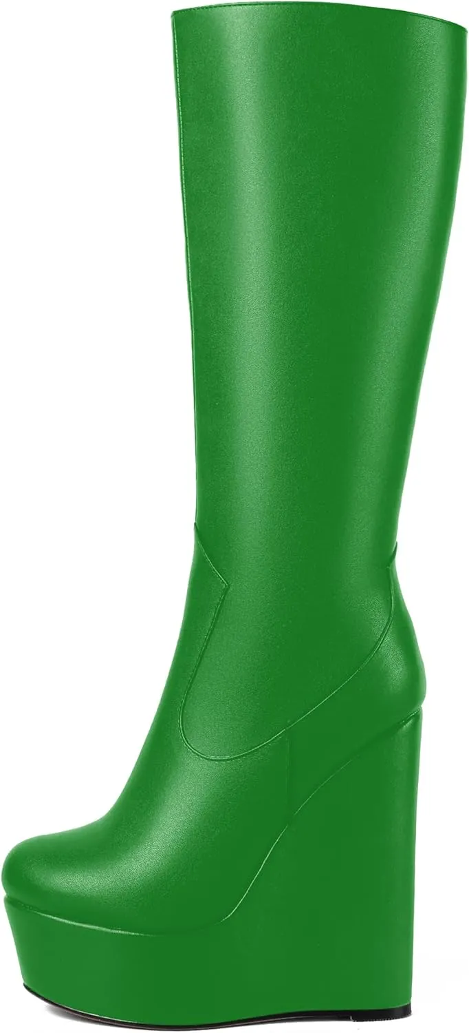 AMBELIGHT Womens Matte Knee High Zip Round Toe Solid Platform Fashion Wedge High Heel Mid Calf Boots 6 Inch