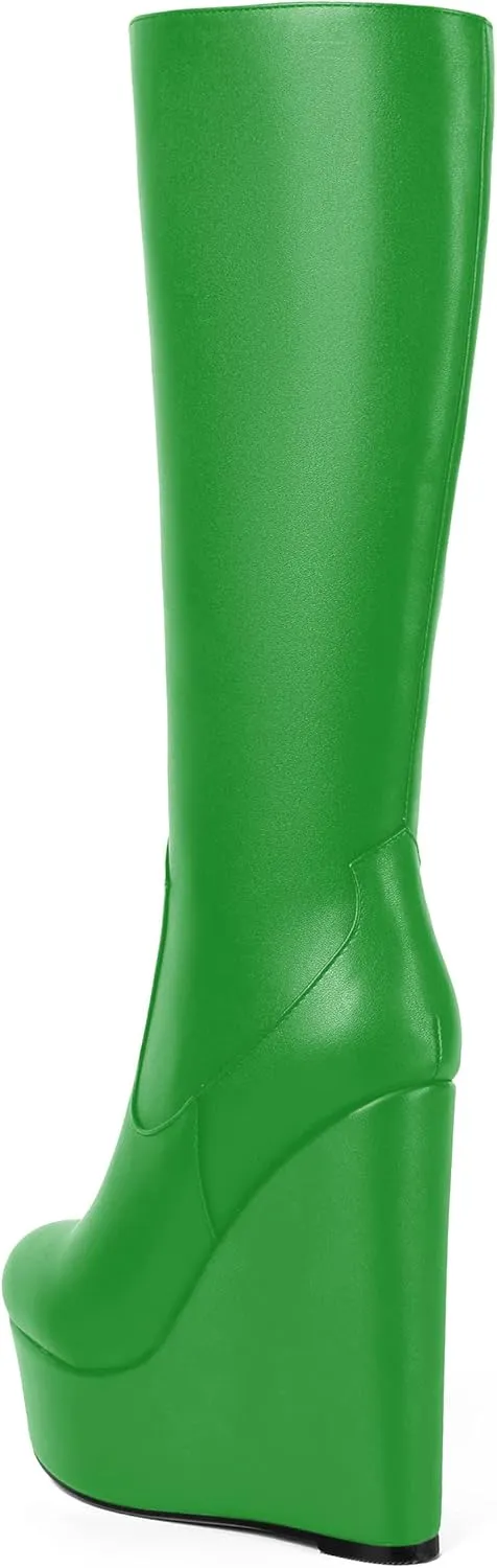 AMBELIGHT Womens Matte Knee High Zip Round Toe Solid Platform Fashion Wedge High Heel Mid Calf Boots 6 Inch