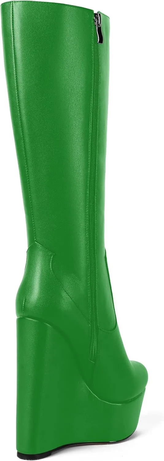AMBELIGHT Womens Matte Knee High Zip Round Toe Solid Platform Fashion Wedge High Heel Mid Calf Boots 6 Inch