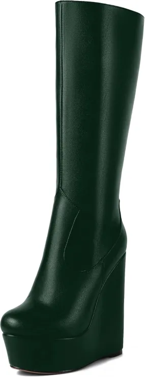 AMBELIGHT Womens Matte Knee High Zip Round Toe Solid Platform Fashion Wedge High Heel Mid Calf Boots 6 Inch