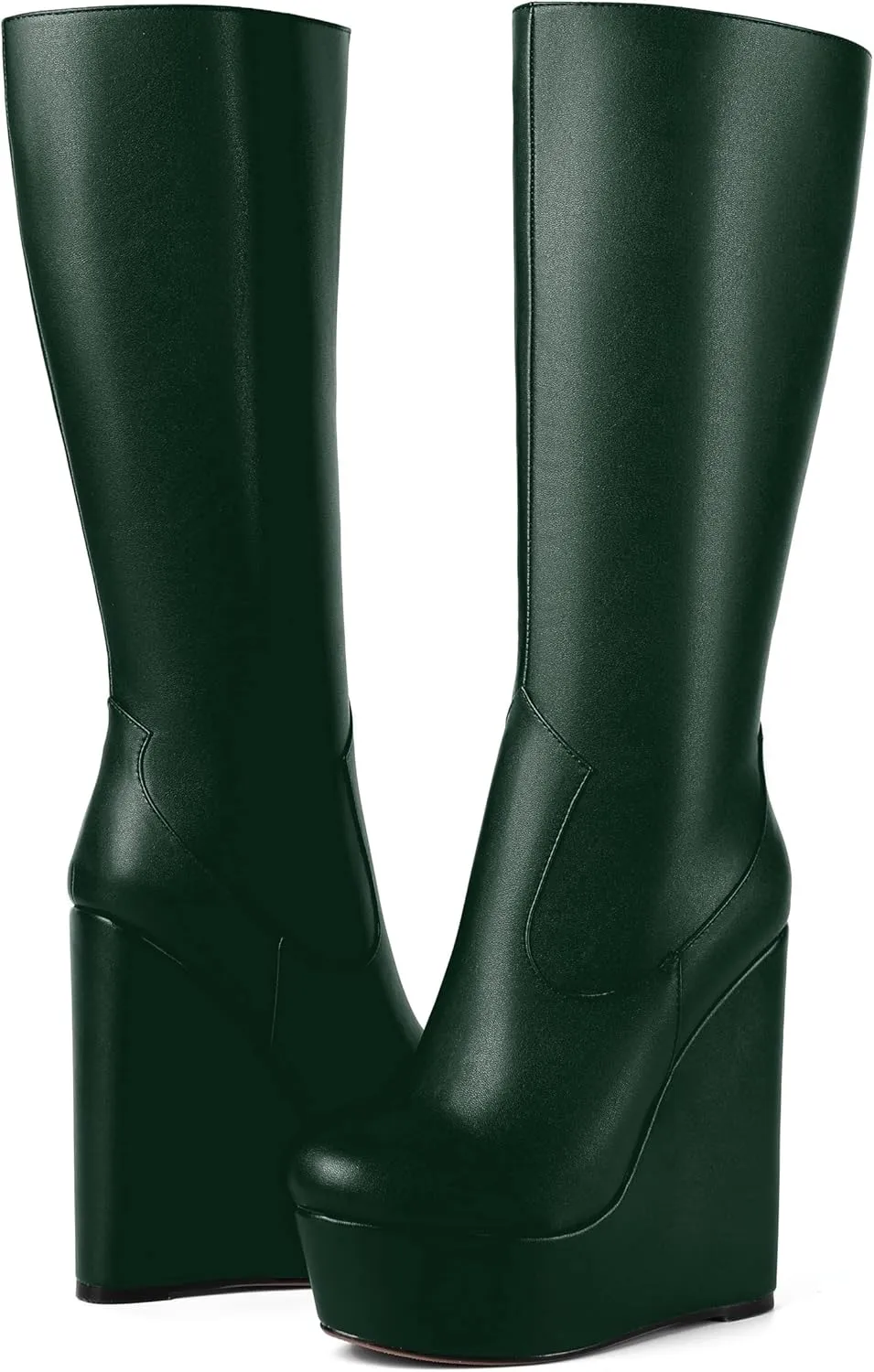 AMBELIGHT Womens Matte Knee High Zip Round Toe Solid Platform Fashion Wedge High Heel Mid Calf Boots 6 Inch