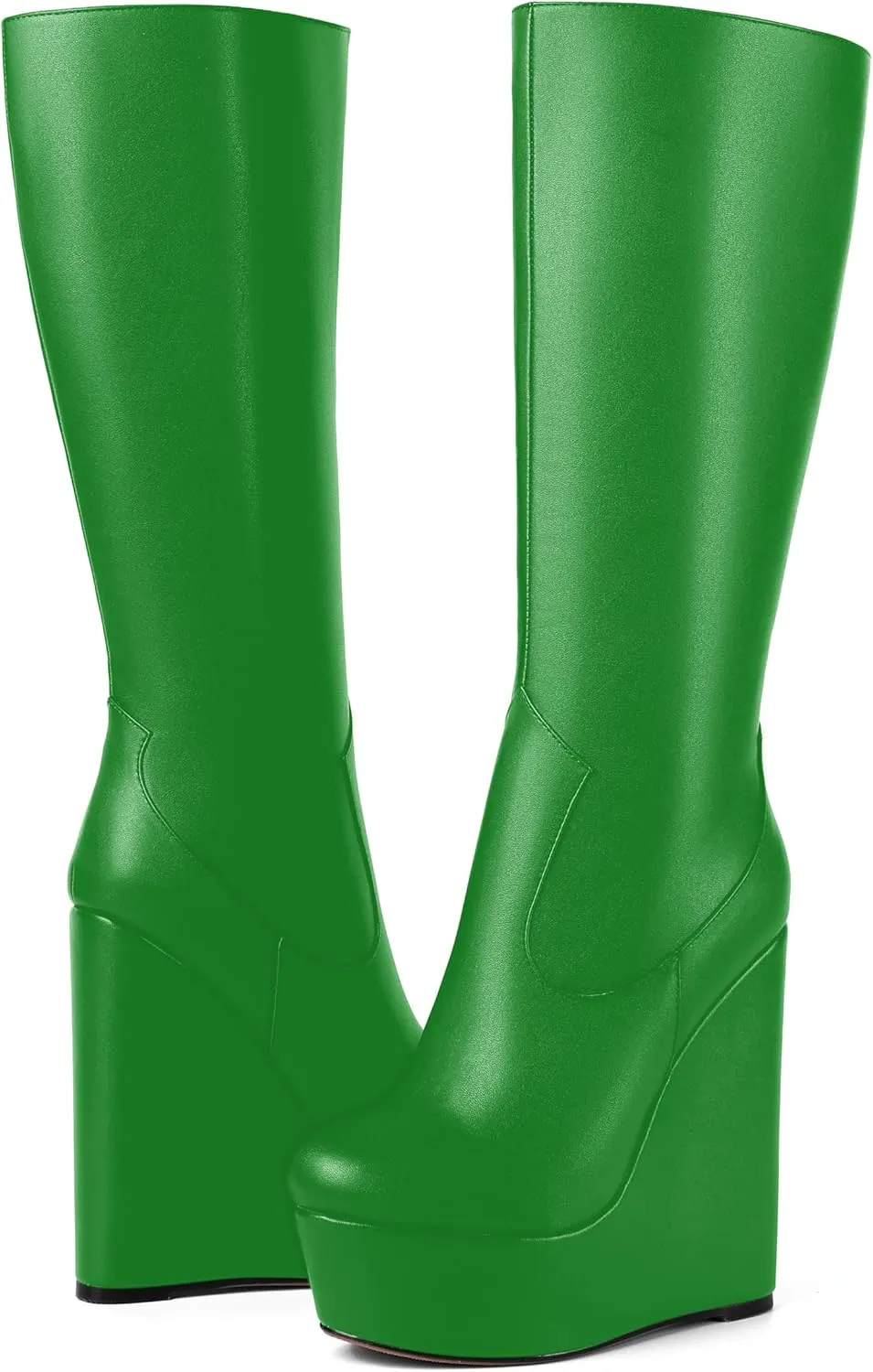 AMBELIGHT Womens Matte Knee High Zip Round Toe Solid Platform Fashion Wedge High Heel Mid Calf Boots 6 Inch