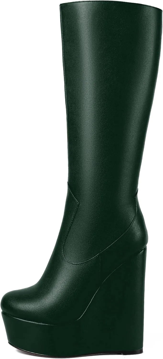AMBELIGHT Womens Matte Knee High Zip Round Toe Solid Platform Fashion Wedge High Heel Mid Calf Boots 6 Inch