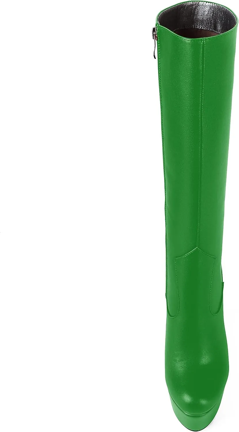 AMBELIGHT Womens Matte Knee High Zip Round Toe Solid Platform Fashion Wedge High Heel Mid Calf Boots 6 Inch