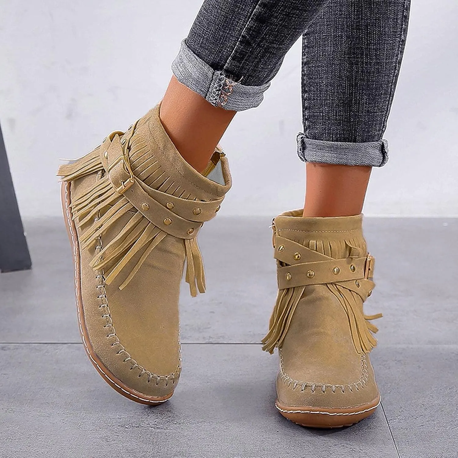 Ankle Boots for Women, Womens Retro Cowboy Boots Closed Toe Low Heel Combat Boots Western Shoes Fringed Ankle Booties