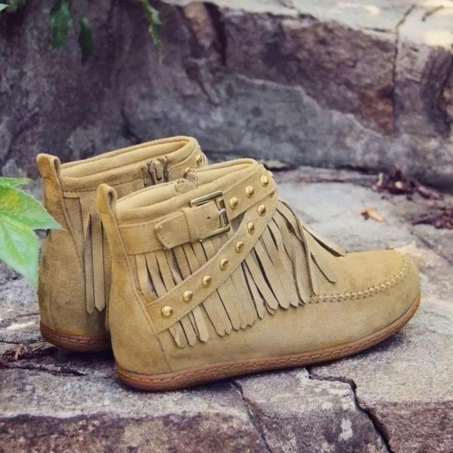 Ankle Boots for Women, Womens Retro Cowboy Boots Closed Toe Low Heel Combat Boots Western Shoes Fringed Ankle Booties