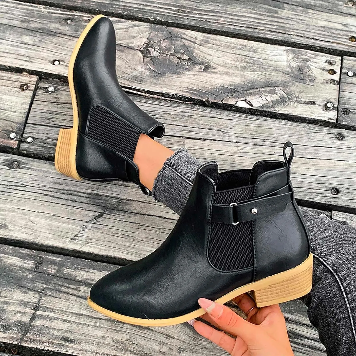 Black Dress Boots For Women Slip On Ankle Boots Combat Boots Low Heel Booties Pointed Toe Chunky Booties Shoes
