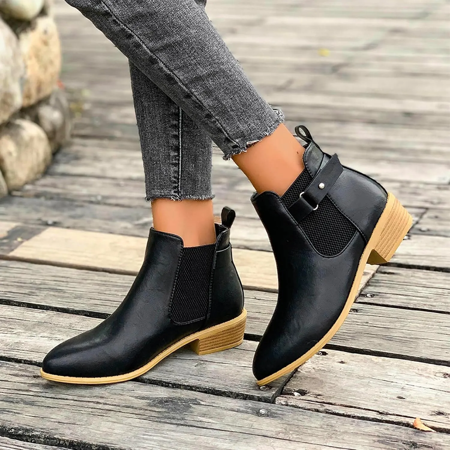 Black Dress Boots For Women Slip On Ankle Boots Combat Boots Low Heel Booties Pointed Toe Chunky Booties Shoes