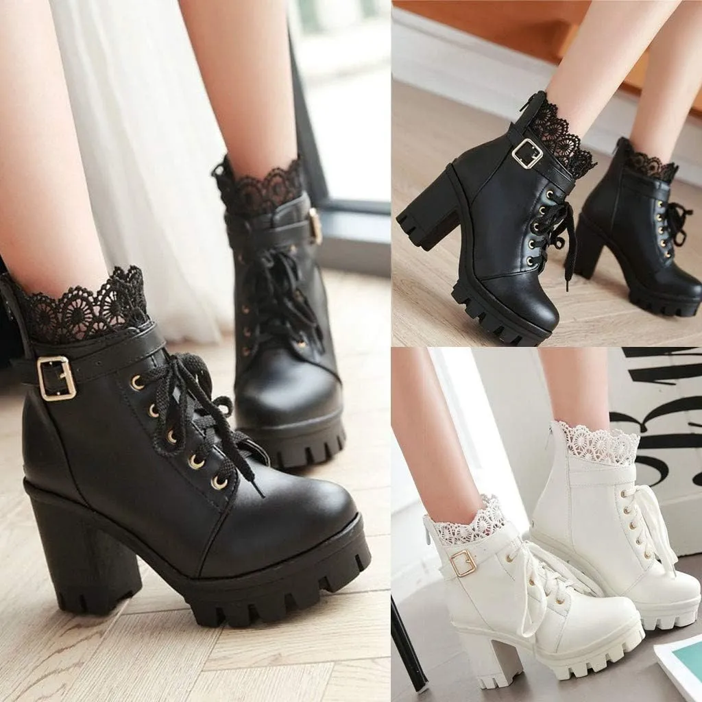 Boots for Women Sexy Women Platform Ankle Boots Sexy High Heels Round Toe Platform Booties Lace Up Side Zipper Boots