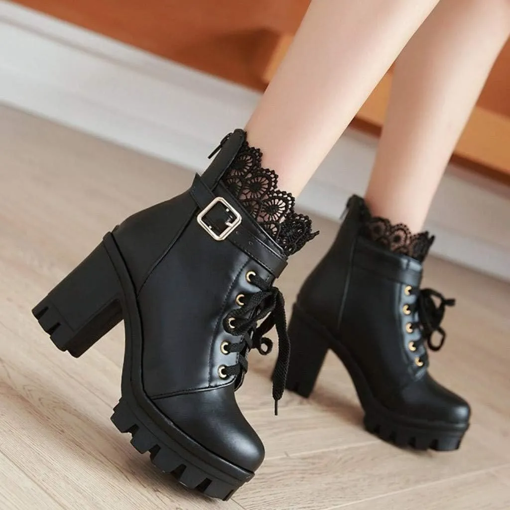 Boots for Women Sexy Women Platform Ankle Boots Sexy High Heels Round Toe Platform Booties Lace Up Side Zipper Boots