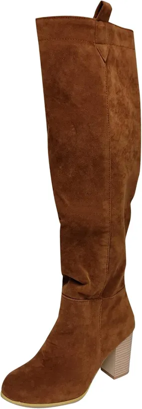 Bravetoshop Women's Knee High Boots Chunky High Heel Wide Calf Boots Comfortable Pointed Toe Western Cowboy Boots (Brown,8)