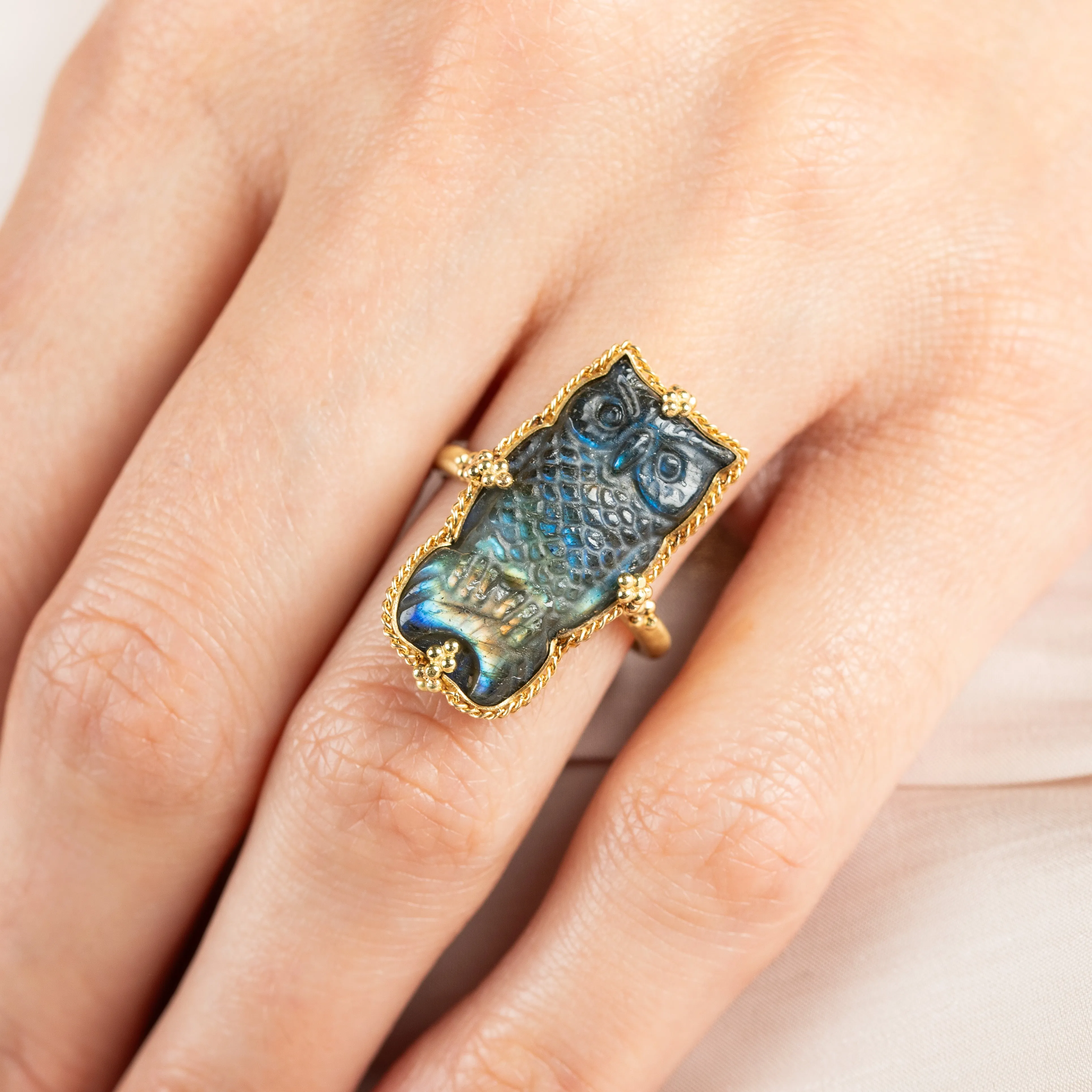 Carved Labradorite Owl Ring