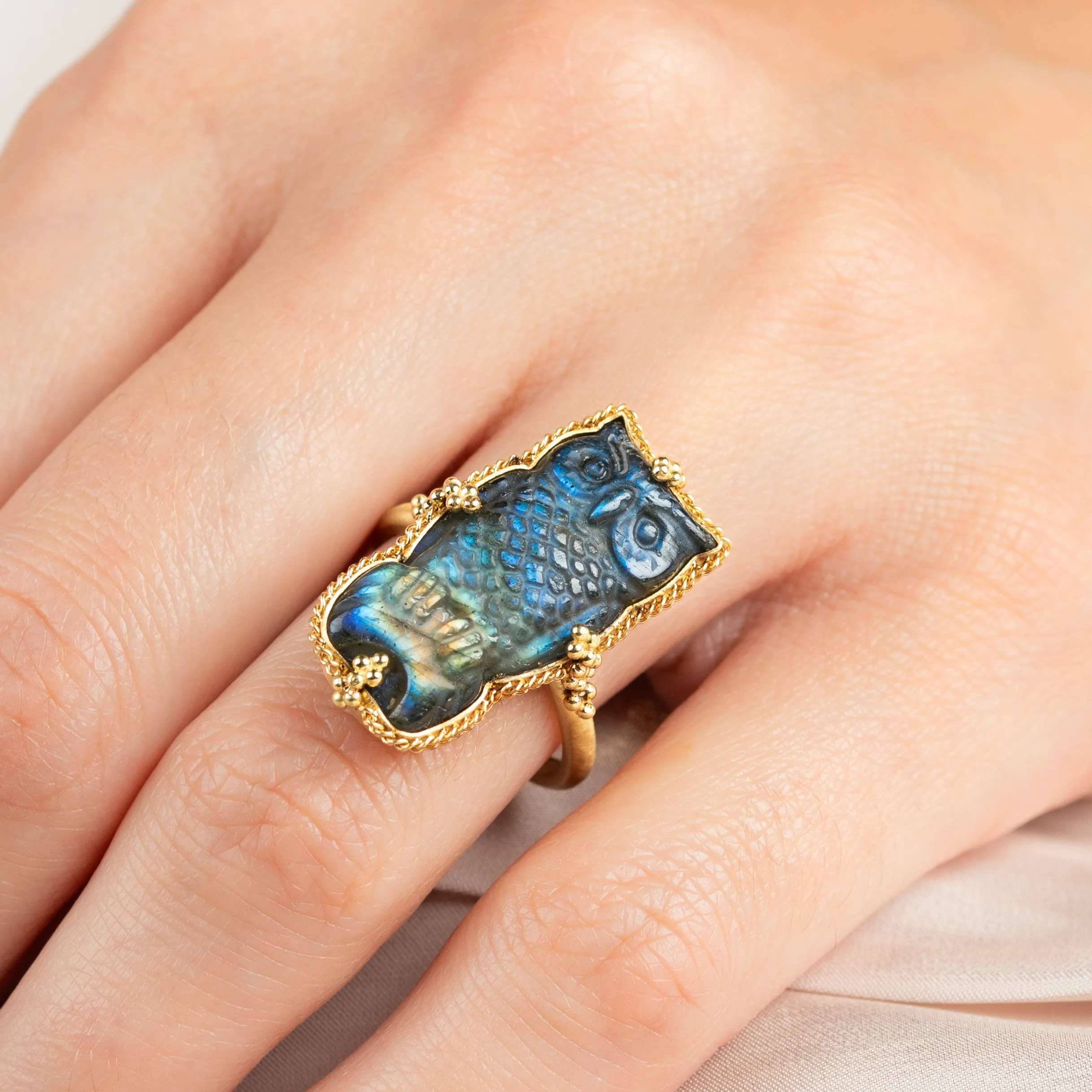 Carved Labradorite Owl Ring