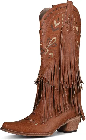 Celbreez Fringe Cowgirl Boots Women Tassel Knee High Cowboy Boots Pointed Toe Chunky Heel Embroidered Pull on Mid Calf Western Boots