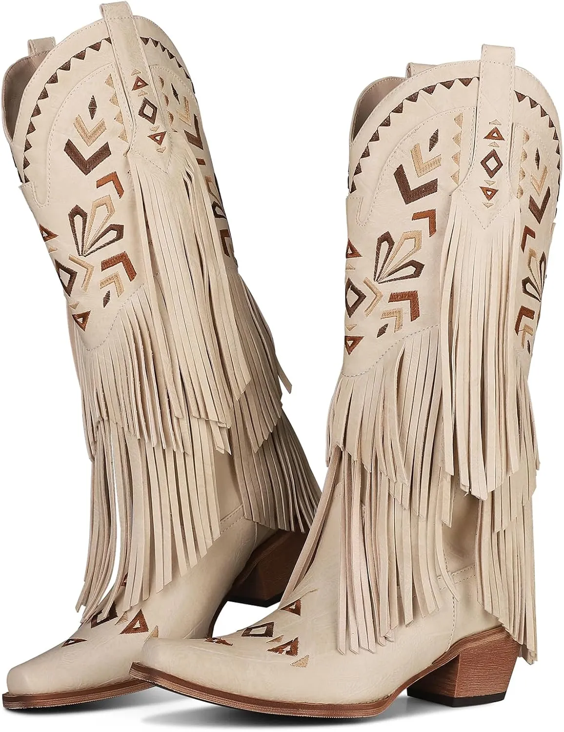 Celbreez Fringe Cowgirl Boots Women Tassel Knee High Cowboy Boots Pointed Toe Chunky Heel Embroidered Pull on Mid Calf Western Boots