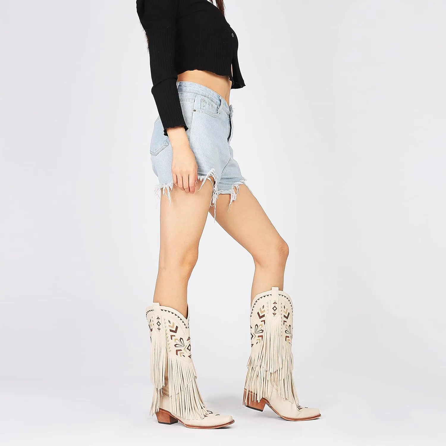 Celbreez Fringe Cowgirl Boots Women Tassel Knee High Cowboy Boots Pointed Toe Chunky Heel Embroidered Pull on Mid Calf Western Boots
