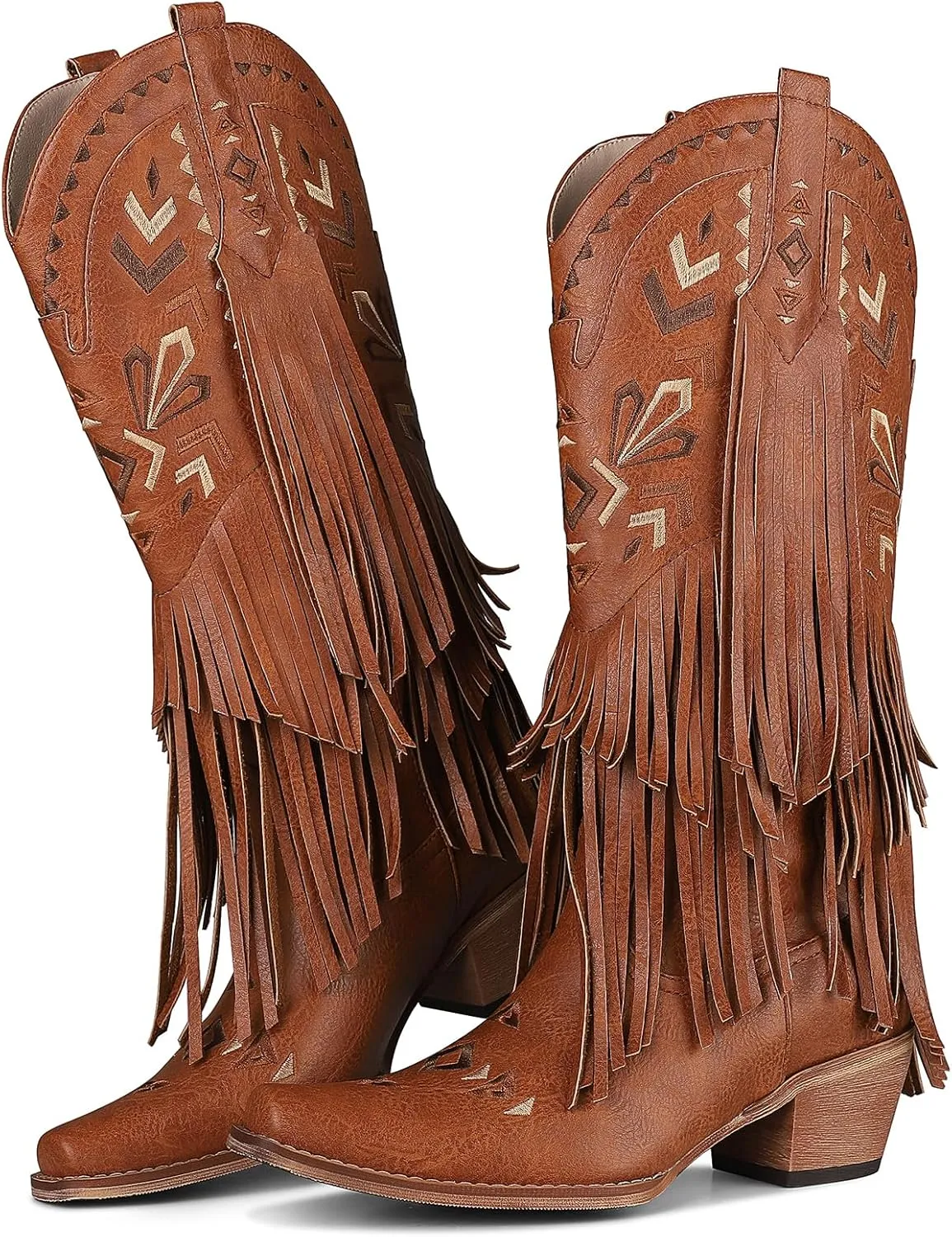 Celbreez Fringe Cowgirl Boots Women Tassel Knee High Cowboy Boots Pointed Toe Chunky Heel Embroidered Pull on Mid Calf Western Boots