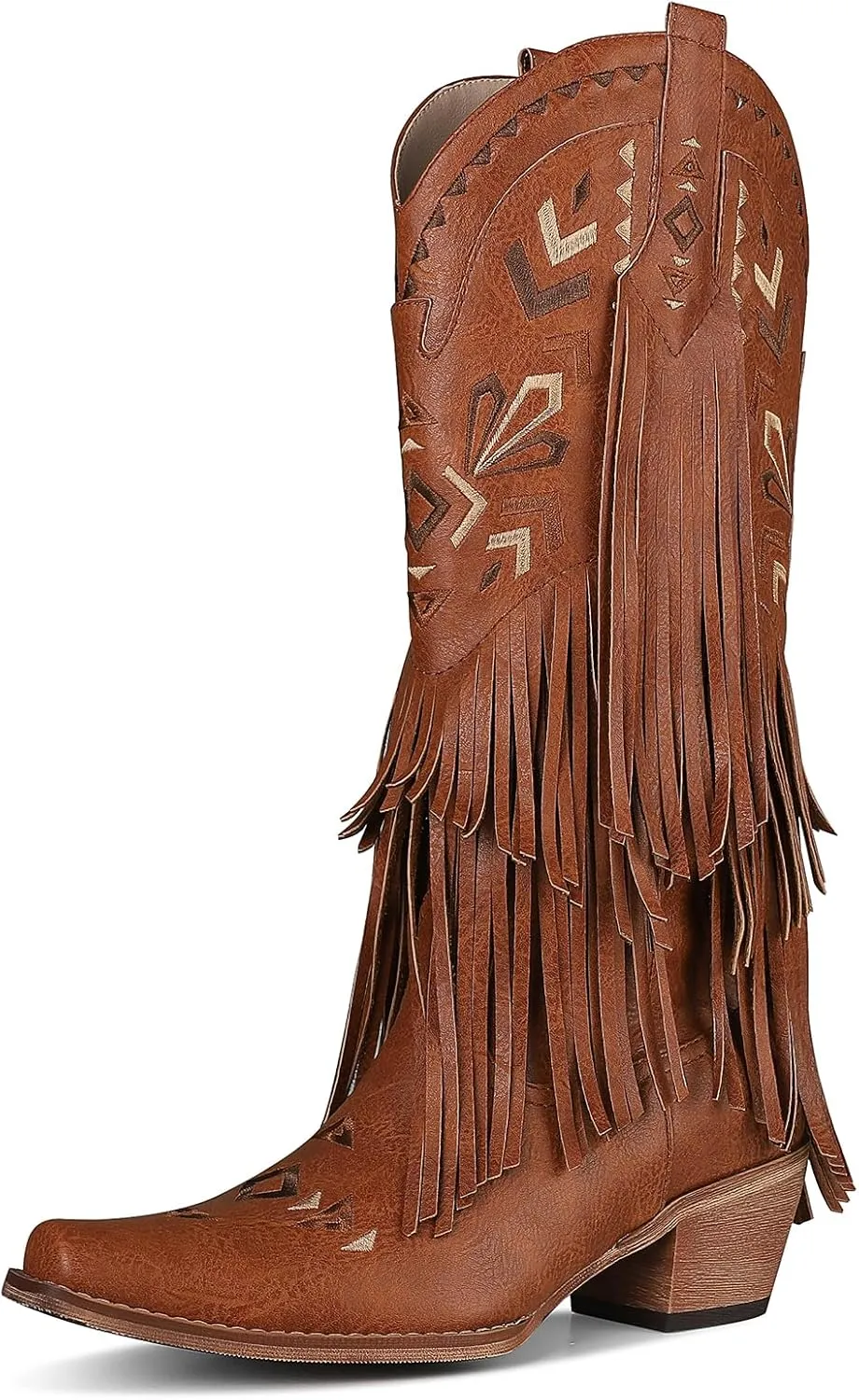 Celbreez Fringe Cowgirl Boots Women Tassel Knee High Cowboy Boots Pointed Toe Chunky Heel Embroidered Pull on Mid Calf Western Boots