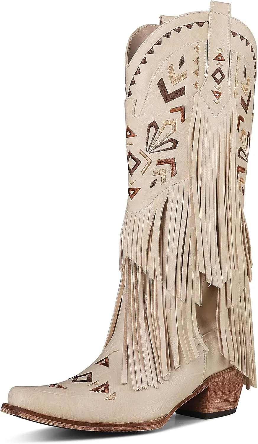 Celbreez Fringe Cowgirl Boots Women Tassel Knee High Cowboy Boots Pointed Toe Chunky Heel Embroidered Pull on Mid Calf Western Boots