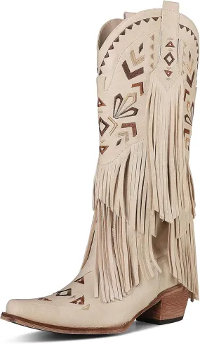 Celbreez Fringe Cowgirl Boots Women Tassel Knee High Cowboy Boots Pointed Toe Chunky Heel Embroidered Pull on Mid Calf Western Boots