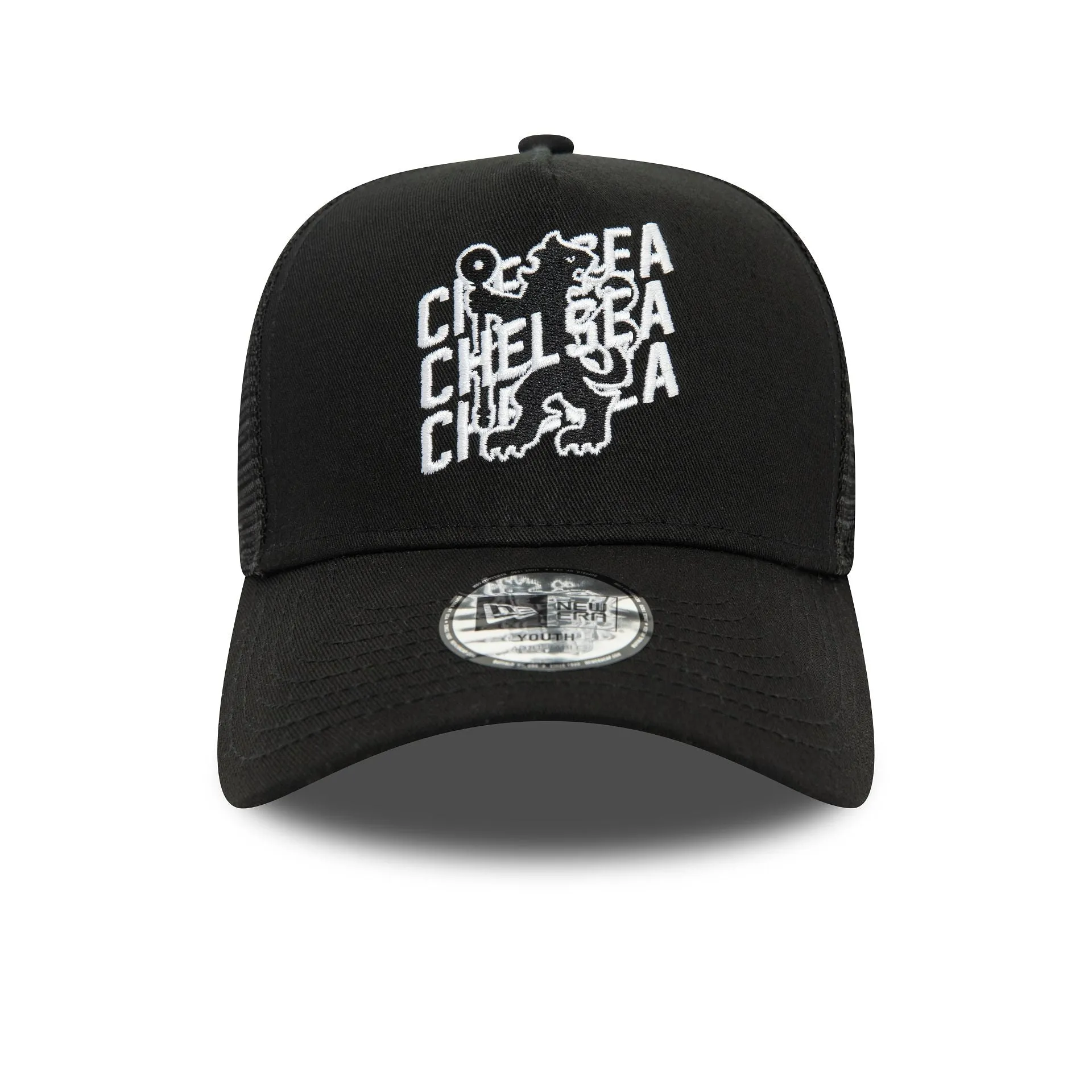 Chelsea FC Wordmark Overlay Lion Crest Black 9FORTY A-Frame Adjustable Trucker Cap