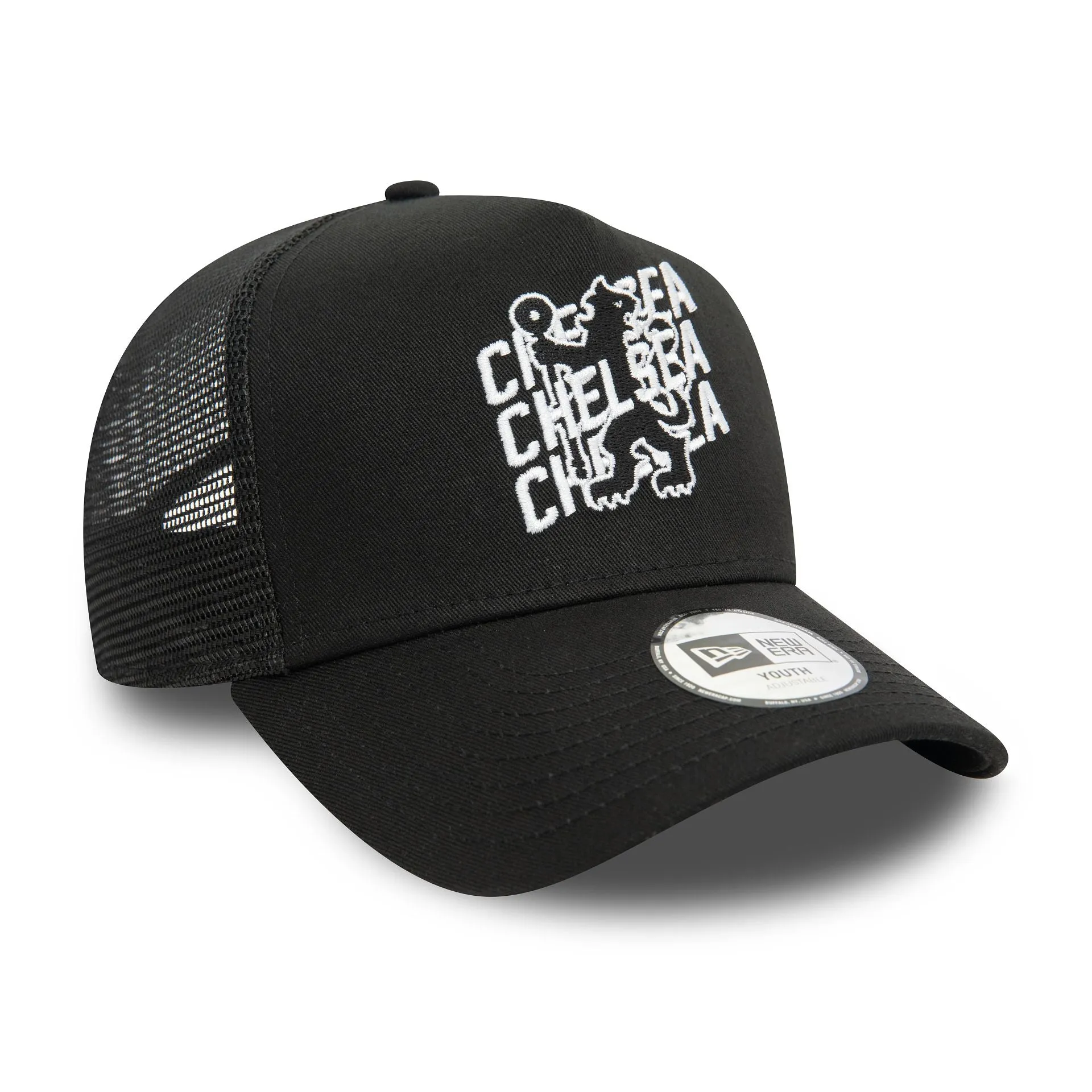 Chelsea FC Wordmark Overlay Lion Crest Black 9FORTY A-Frame Adjustable Trucker Cap