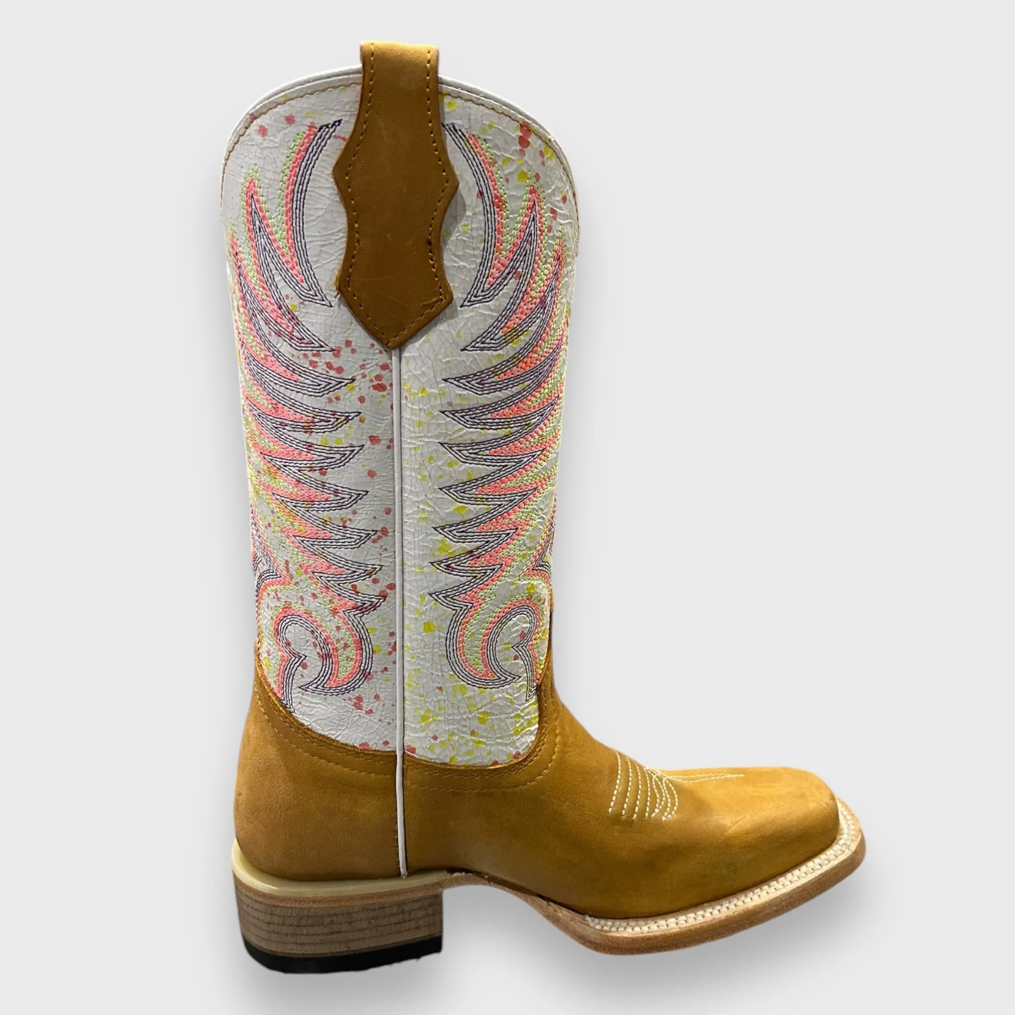 Corral Teens/Ladies J7125 Handcrafted Tan/White Embroidery Square Toe Cowgirl Boots