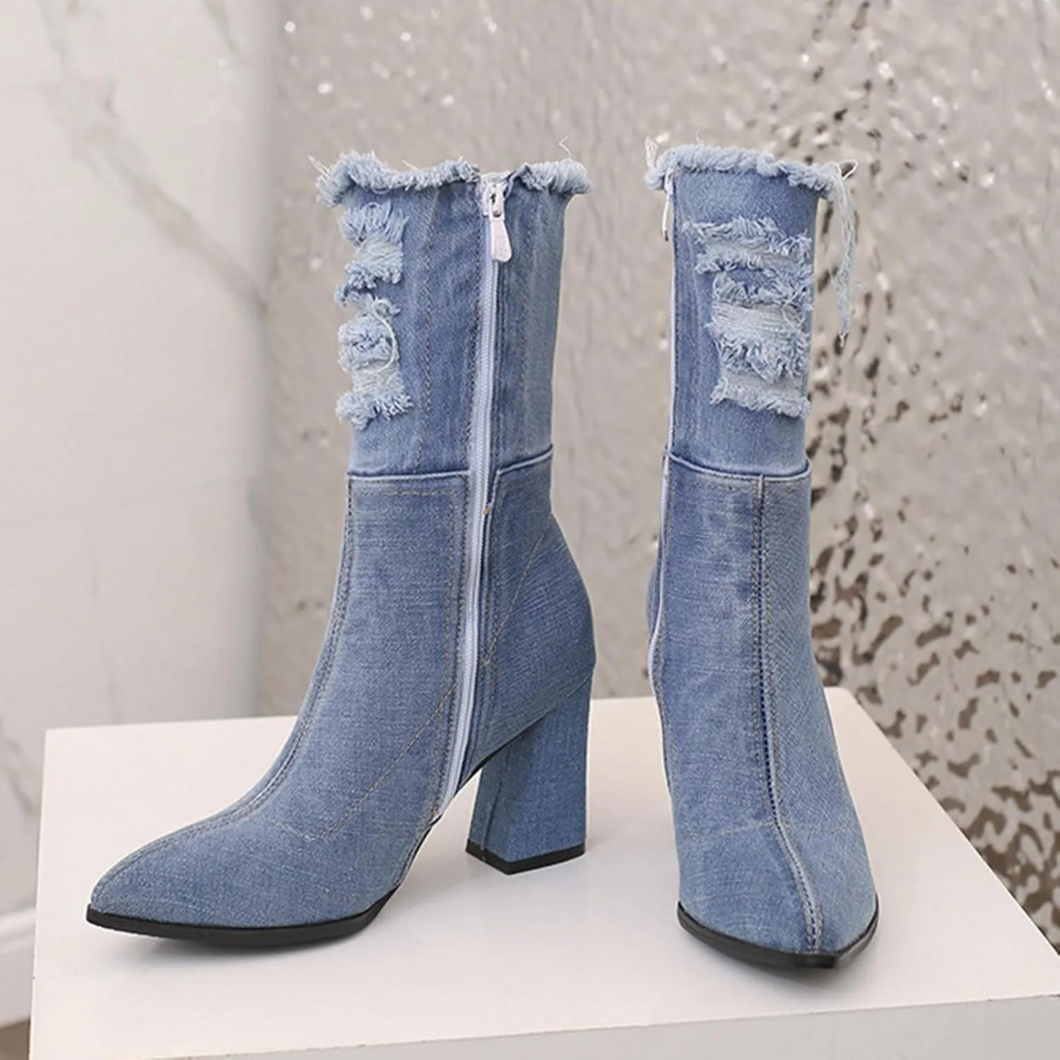 Cowboy Boots For Women Mid Calf Ankle Boots Women Denim Pleated Chunky Heel Point Toe Boots Dressy Ankle Combat Low Heel