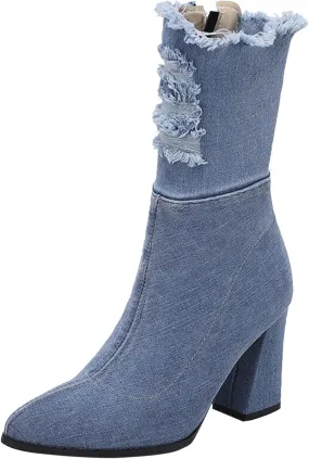 Cowboy Boots For Women Mid Calf Ankle Boots Women Denim Pleated Chunky Heel Point Toe Boots Dressy Ankle Combat Low Heel