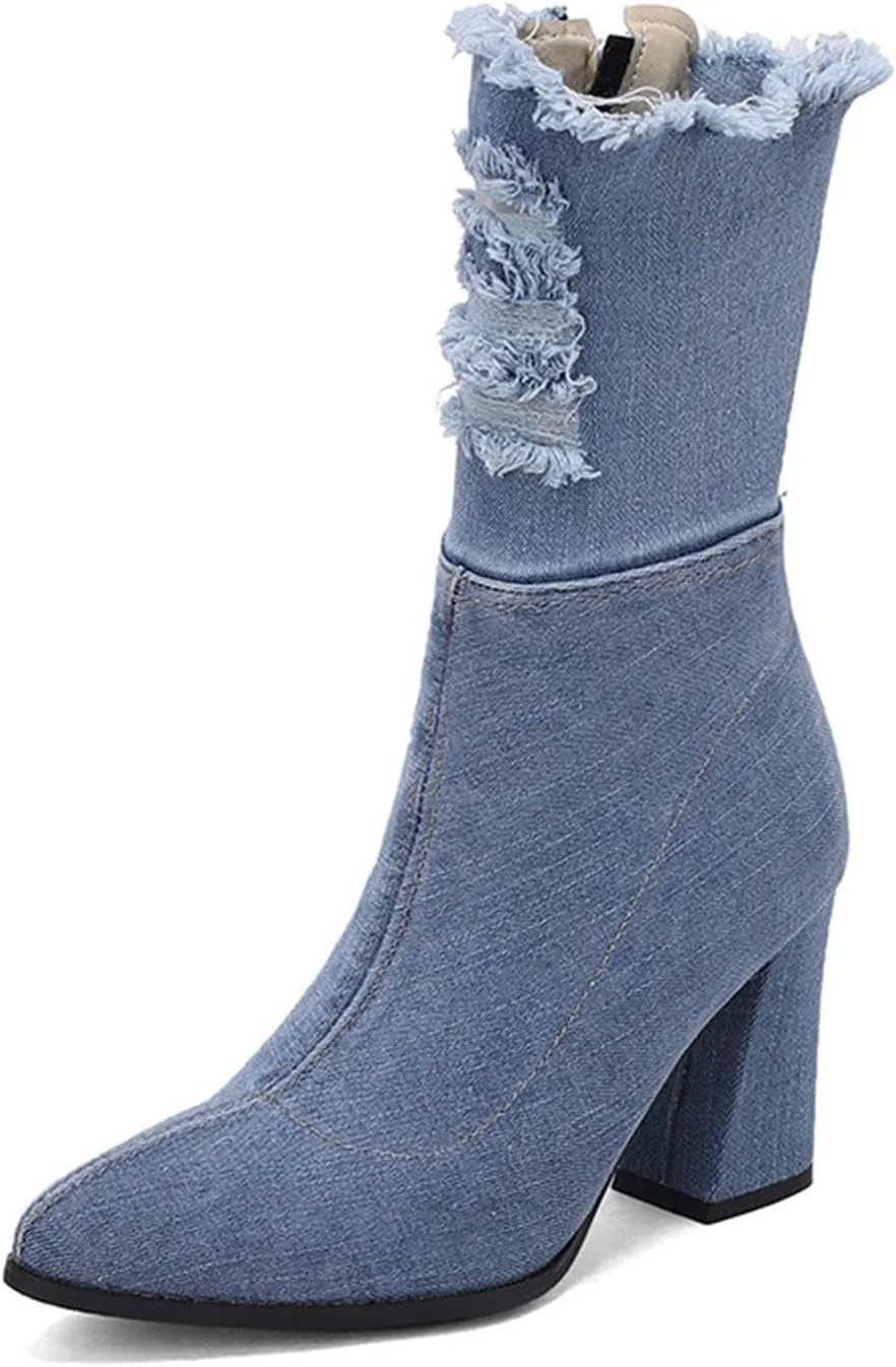Cowboy Boots For Women Mid Calf Ankle Boots Women Denim Pleated Chunky Heel Point Toe Boots Dressy Ankle Combat Low Heel