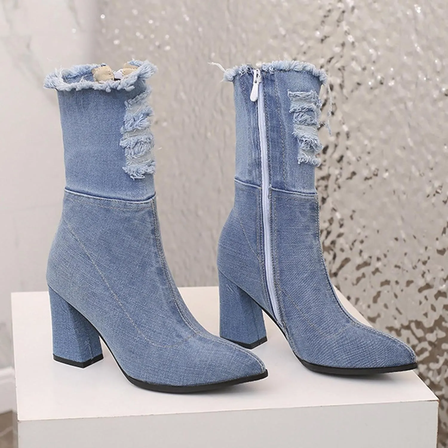 Cowboy Boots For Women Mid Calf Ankle Boots Women Denim Pleated Chunky Heel Point Toe Boots Dressy Ankle Combat Low Heel