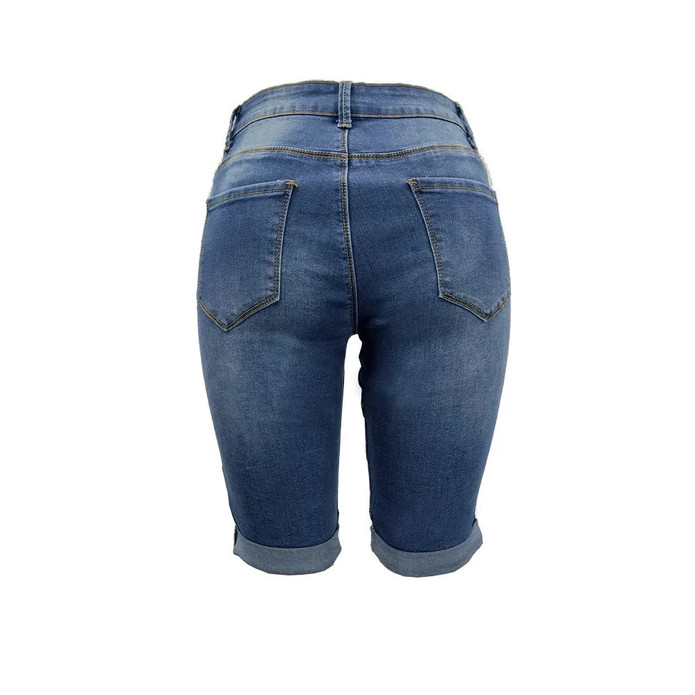 Elastic Knee Length Stretch Jean Shorts