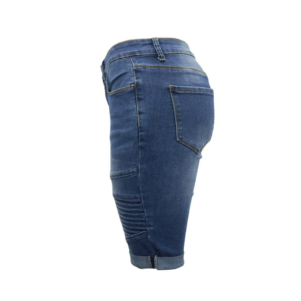 Elastic Knee Length Stretch Jean Shorts