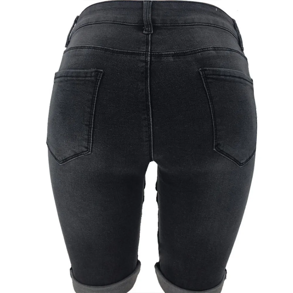 Elastic Knee Length Stretch Jean Shorts