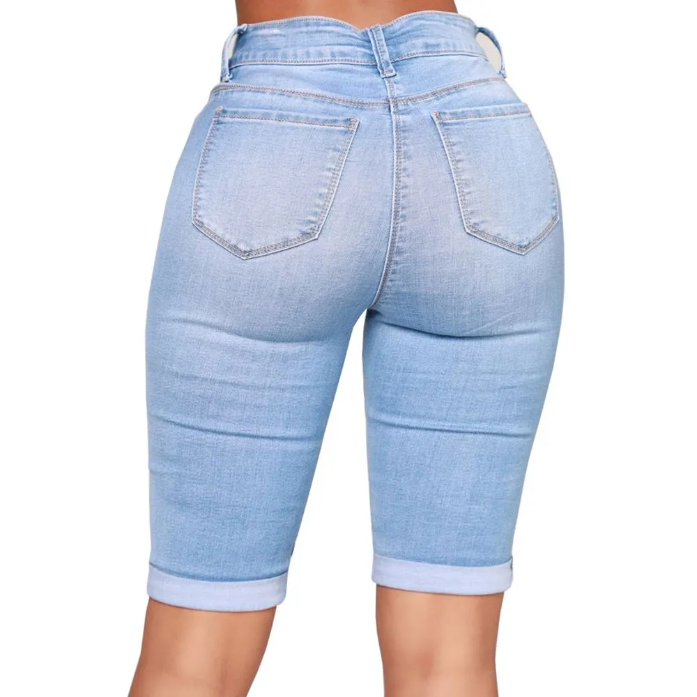 Elastic Knee Length Stretch Jean Shorts