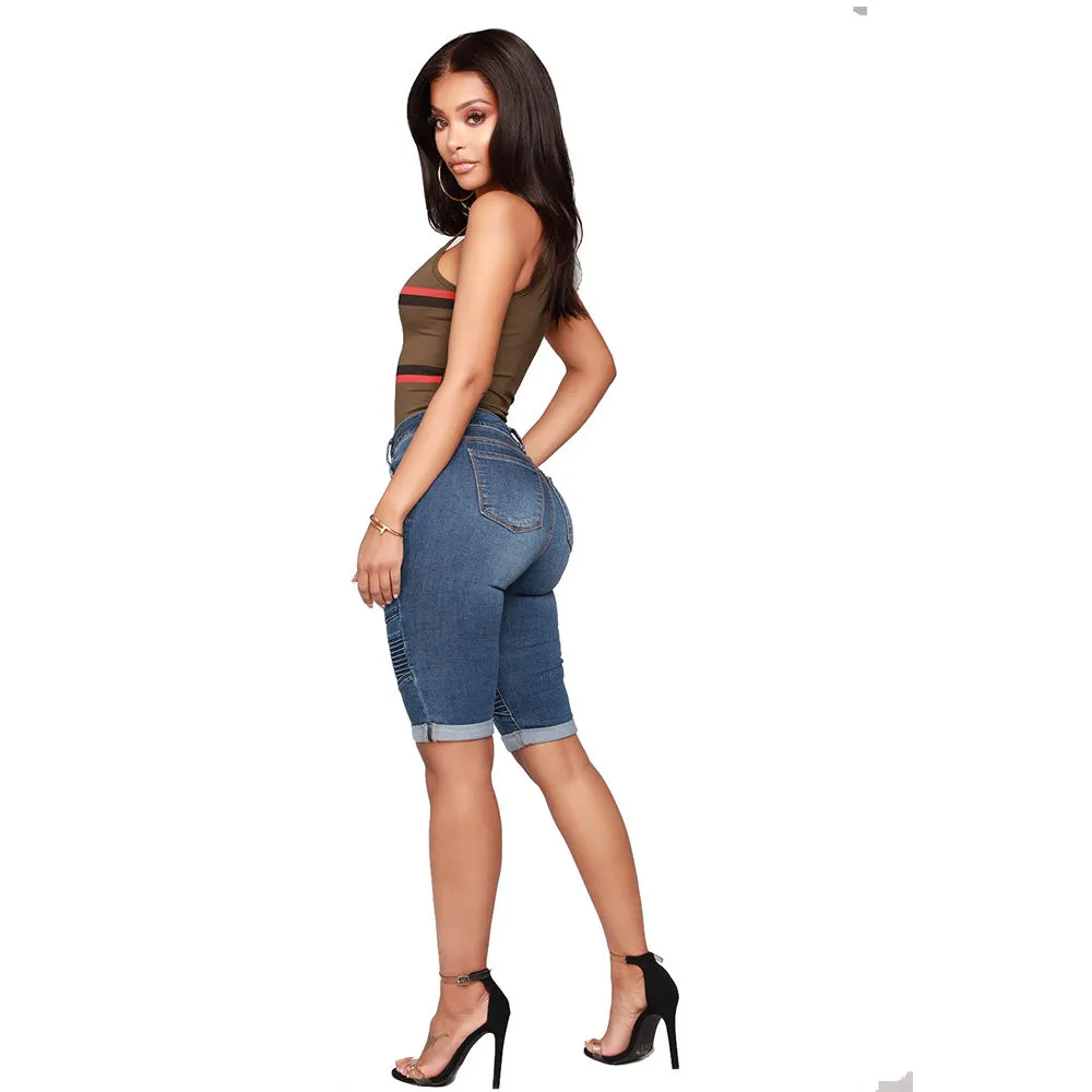 Elastic Knee Length Stretch Jean Shorts