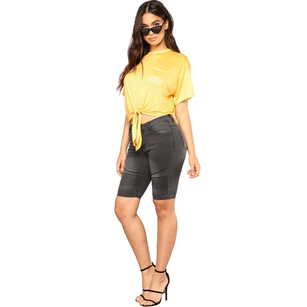 Elastic Knee Length Stretch Jean Shorts